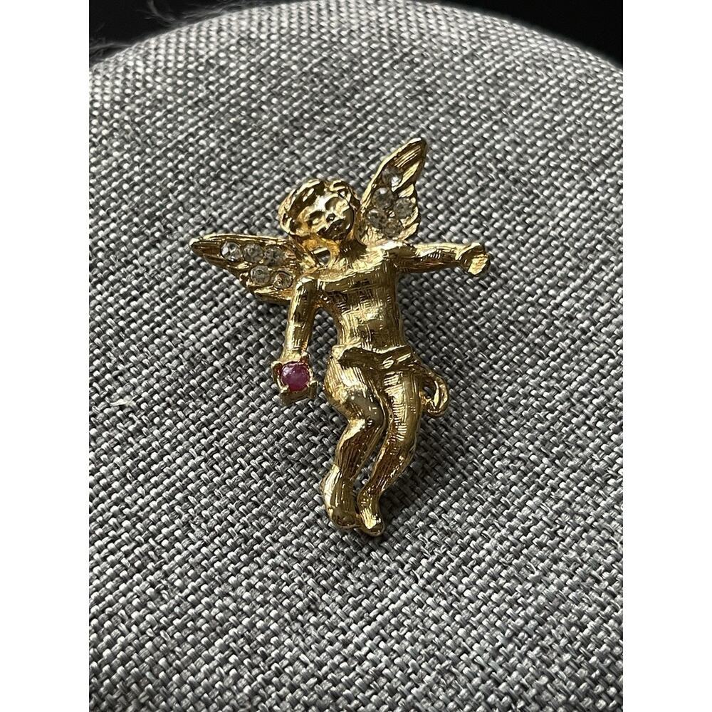 Vintage 1980s Gold Tone Christmas Angel Cherub Cupid Rhinestone Brooch Lapel Pin
